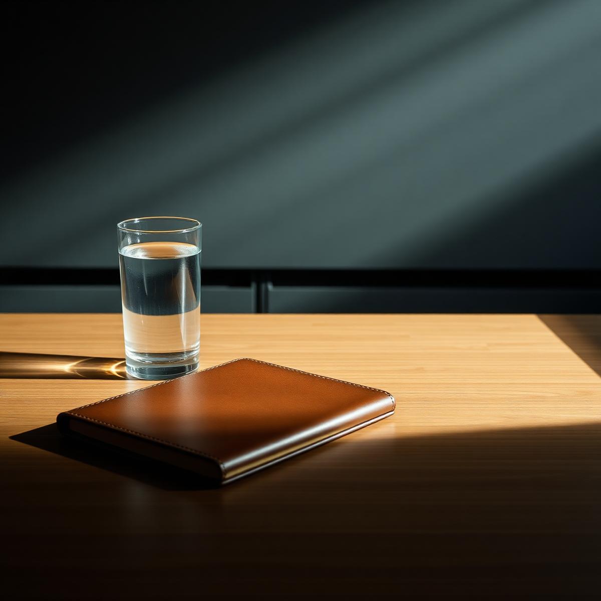 An executive's desk with notebook and glass of water